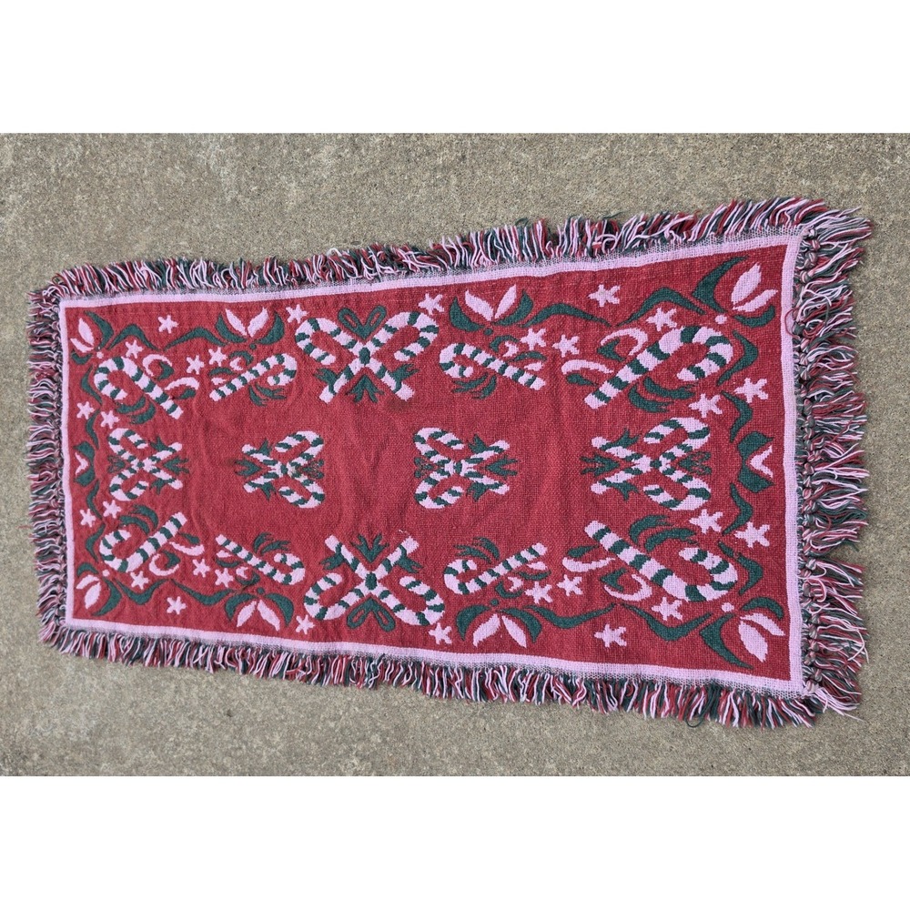 Vintage Woven Christmas Table Runner Candy Cane Fringe Reversible Red Green